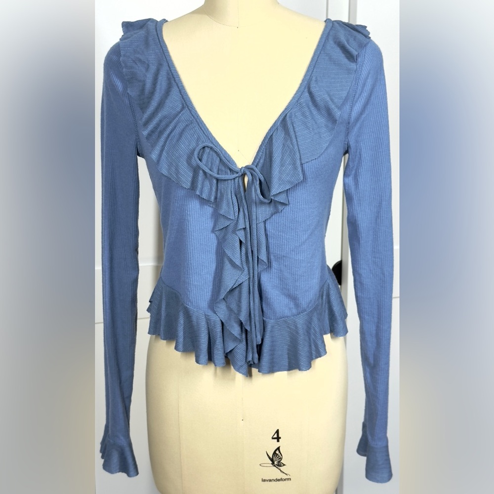 NWT Free People Ophelia Blue Ribbed Button-Up Ruffled Long Sleeve Top